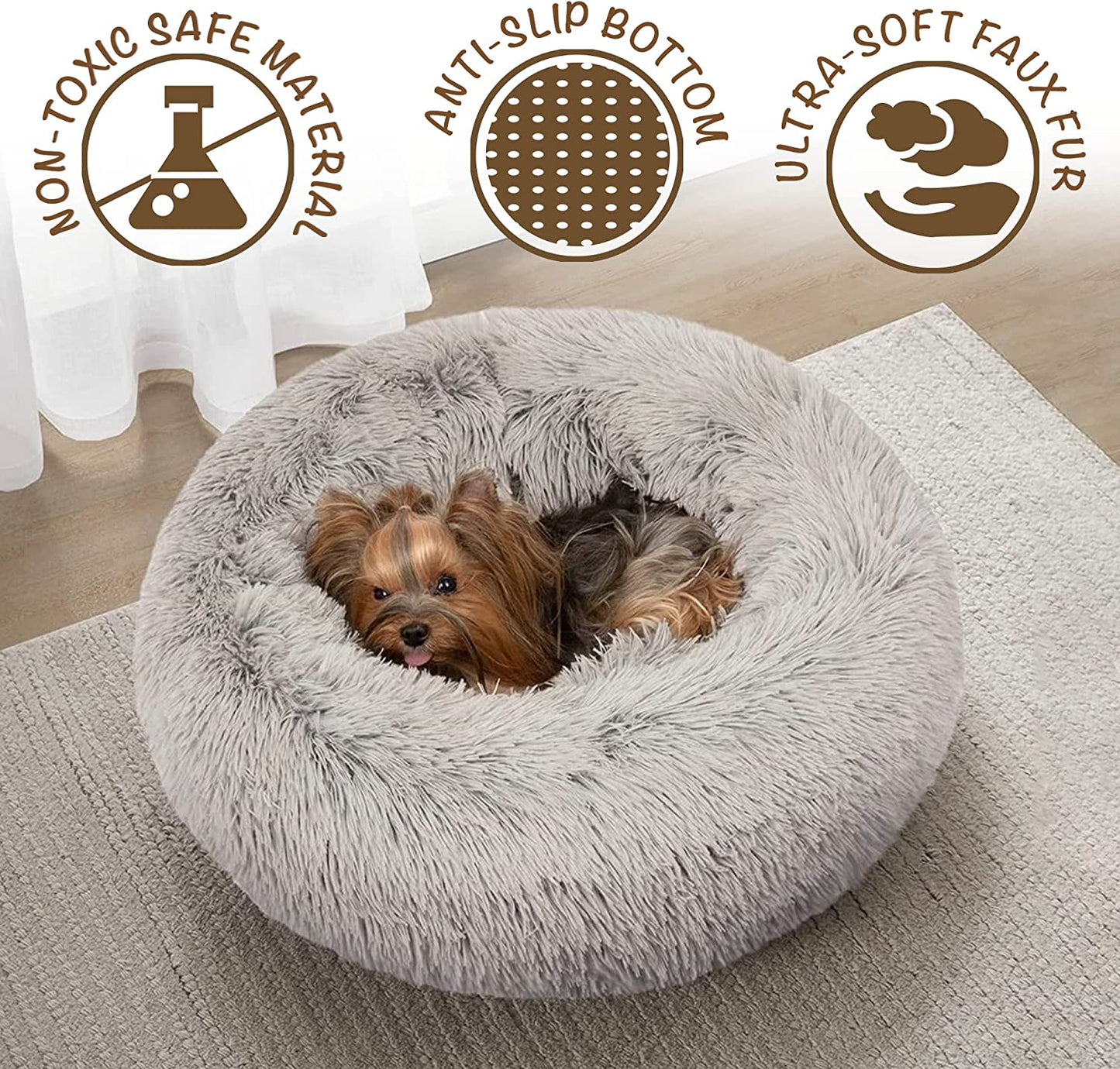 Donut Dog Bed Faux Fur Fluffy Calming Sofa for Small Dogs, Soft & Plush anti Anxiety Pet Couch for Dogs, Machine Washable Coco Pet Bed with Non-Slip Bottom